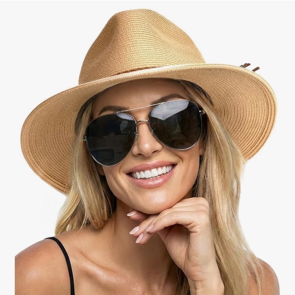 Wide Brim Straw Fedora Hat - Natural Tan